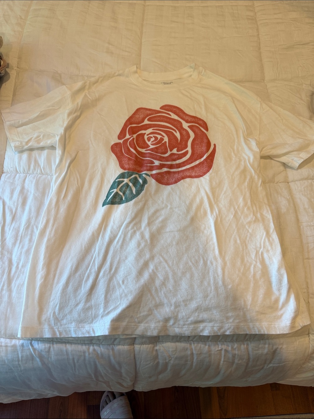 American Eagle White Crewneck Tee with Rose Graphic